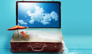 fantasy suitcase sea beach clouds travel